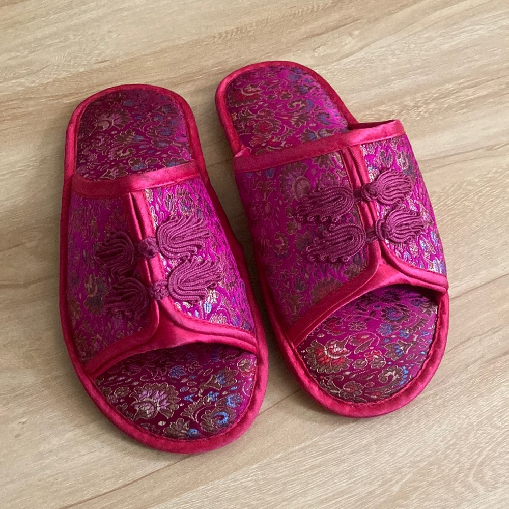Chinese Slippers Cheongsam Pink Satin Slides Floral Print Brocade Asian size 7